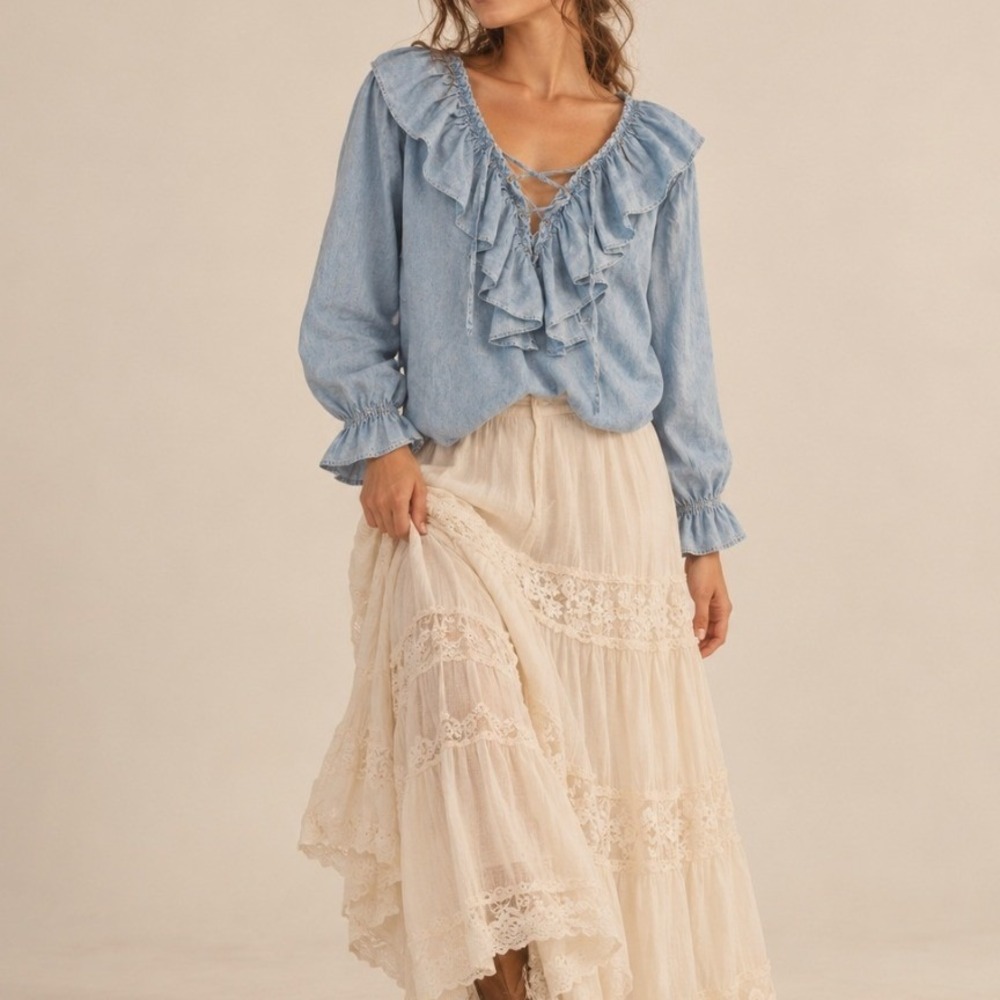 Vintage Ruffle Lace Up Denim Blouse L Blue Prairie Boho Victorian Romantic Retro